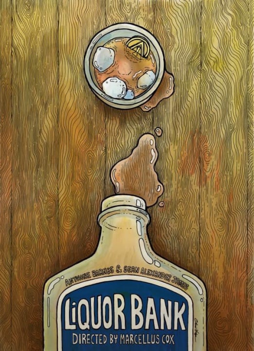 Illustration of a tipped glass with ice and a lemon wedge spilling liquid into an open bottle labeled “Liquor Bank” on a wood-textured background.