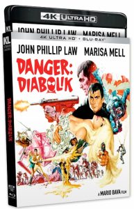 4K Ultra HD Blu-ray cover of "Danger: Diabolik" showing illustrated action scenes, cash, a woman, a man in black, and a gun, with actors' names and movie title prominently displayed.