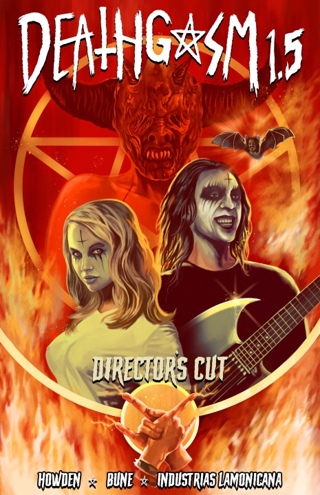 Poster for "Deathgasm 1.5 Director's Cut" featuring two people in corpse paint, a demonic figure in the background, and a red, fiery color scheme.