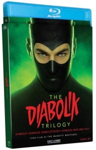 Blu-ray box set of "The Diabolik Trilogy," featuring a masked man’s face on the cover with green background and bold red title text.
