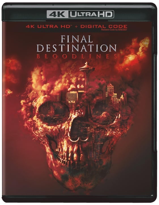 A 4K Ultra HD cover for "Final Destination: Bloodlines" featuring a fiery skull with the Seattle skyline and the Space Needle within smoke and flames.