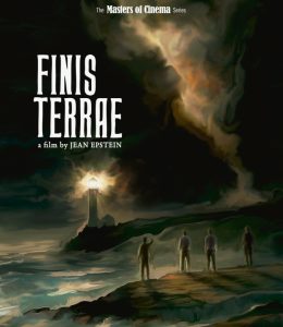Four people stand on a rocky shore at night near a lighthouse with storm clouds above; text reads "Finis Terrae, a film by Jean Epstein, The Masters of Cinema Series.