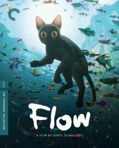 An animated black cat with large eyes floats underwater surrounded by colorful fish; text reads "Flow, a film by Gints Zilbalodis.