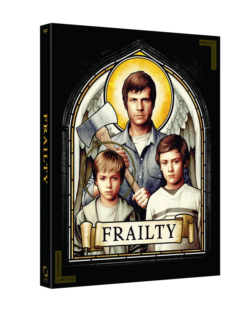 A DVD cover for the film "Frailty" featuring an illustrated stained glass design with three males—one holding an axe—framed by angel wings and a halo. The title "Frailty" appears at the bottom.