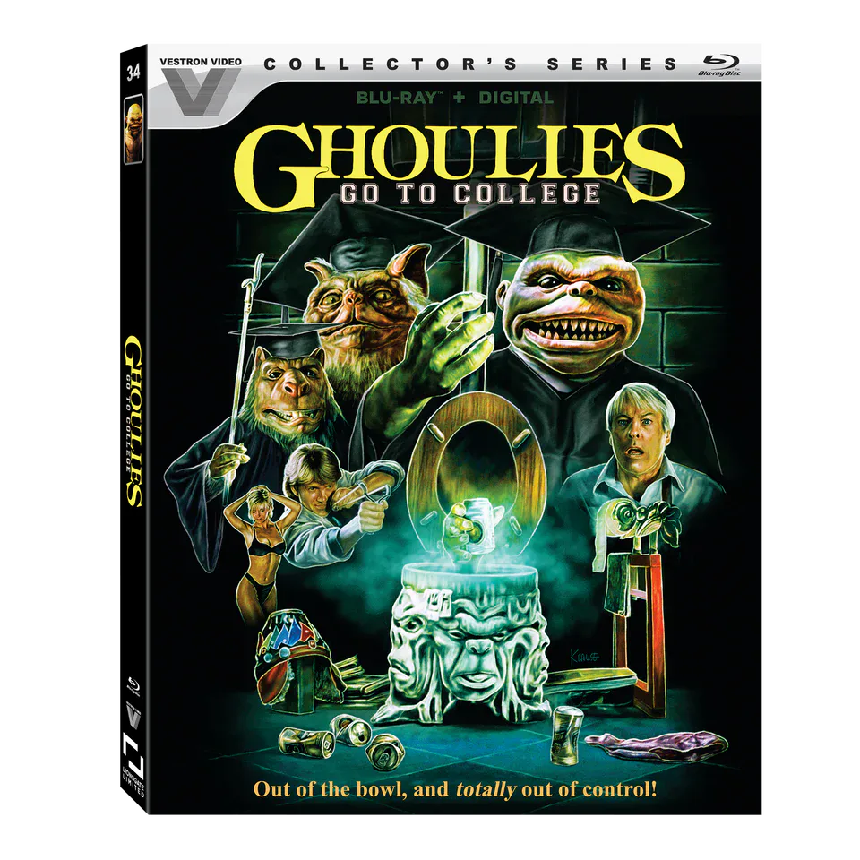Blu-ray cover for "Ghoulies Go to College" featuring gremlin-like creatures in graduation caps and gowns with college-themed items and glowing green highlights.