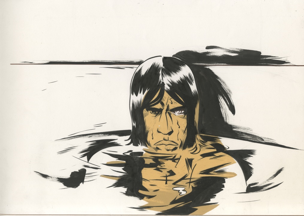 A stylized drawing of a person with long dark hair partially submerged in water, with their serious face and reflection visible. The background is minimal and abstract.
