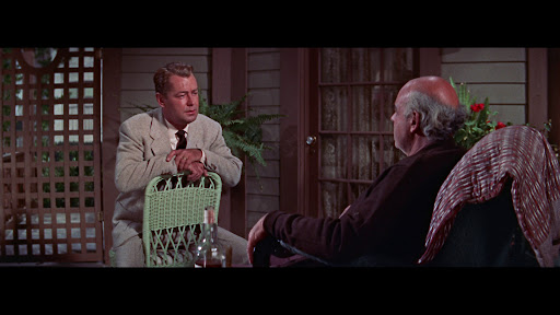 Two men sit facing each other on a porch; one in a light suit leans on a green chair, the other is seated with a blanket over his chair.