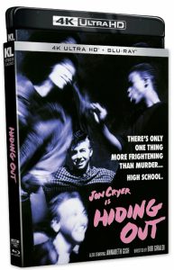 4K Ultra HD Blu-ray cover of "Hiding Out" featuring blurred figures and Jon Cryer in focus, with the tagline, "There's only one thing more frightening than murder... high school.