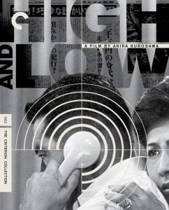 Black-and-white poster for "High and Low," showing a man holding a telephone and a concerned woman, with concentric circles and Japanese text in the background.