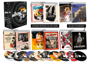 A collection of Alfred Hitchcock Blu-ray covers and discs with reversible artwork, highlighted with a box set and titles of classic Hitchcock films and an included documentary.