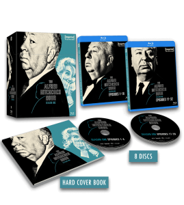 Box set of "The Alfred Hitchcock Hour: Season One" featuring a slipcase, two Blu-ray cases, eight discs, and a hardcover book, all with black-and-white Hitchcock-themed artwork.