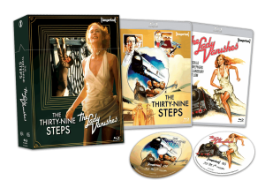 Box set includes Blu-ray cases and discs for "The Thirty-Nine Steps" and "The Lady Vanishes," featuring illustrated covers and images of lead female characters.