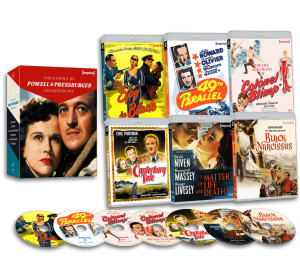A box set collection of Powell and Pressburger films, including DVDs and Blu-rays with illustrated covers for titles like "The Spy in Black," "49th Parallel," and "Black Narcissus.