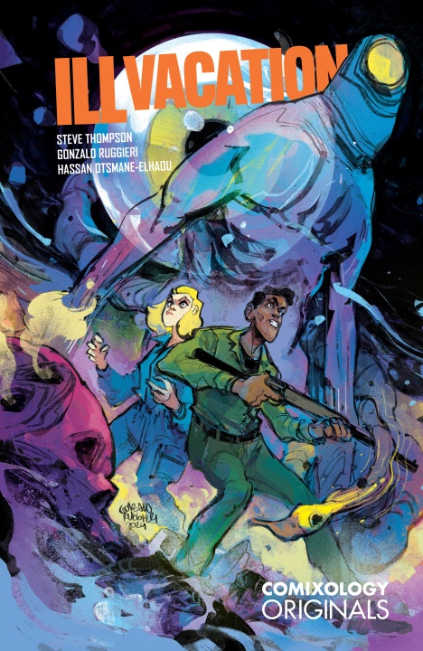 A man and woman with a flashlight and gun stand in front of a looming, glowing alien figure under the title "ILLVACATION." Comic book credits and "Comixology Originals" are shown.