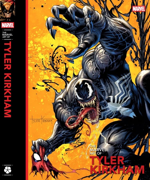 Comic book cover featuring Marvel character Venom in a dynamic pose with sharp teeth and long tongue, surrounded by black tendrils. Text reads "The Marvel Art of Tyler Kirkham.