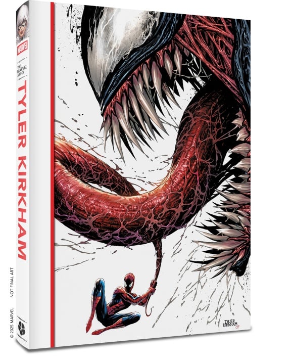 A comic book cover showing Spider-Man grasping Venom's large, extended tongue, with Venom's mouth open and sharp teeth visible. The book spine reads "Tyler Kirkham.