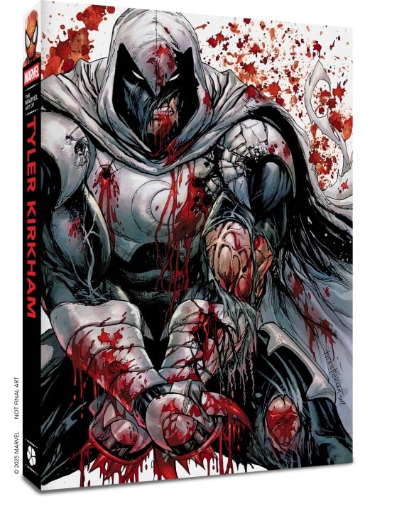 Comic book cover showing a muscular, hooded figure in a blood-stained costume sitting with clenched fists, surrounded by splatters of blood and moon-themed weapons.