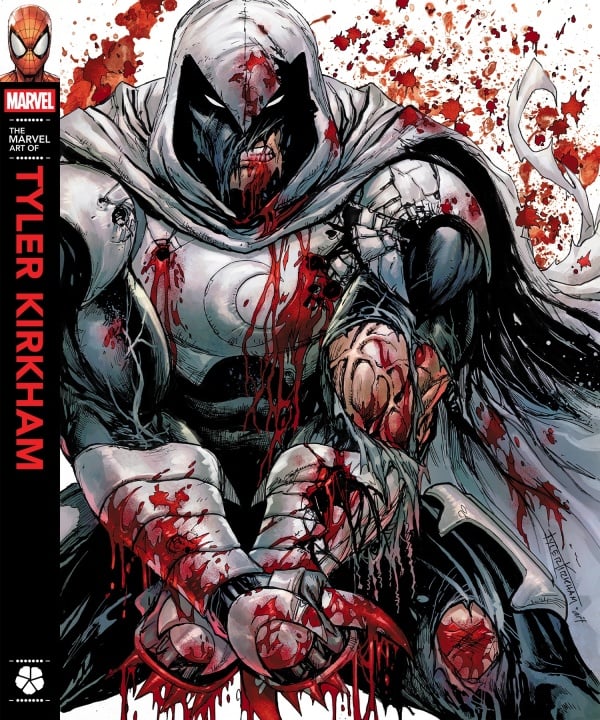 A heavily armored superhero in a white cape sits bloodied, with blood splattered on his suit, hands, and background; comic book art by Tyler Kirkham.