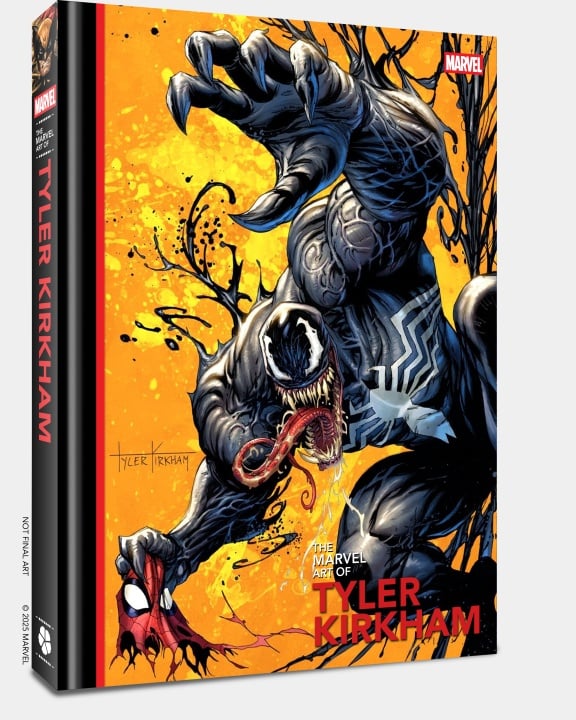 A hardcover book titled "The Marvel Art of Tyler Kirkham" features artwork of Venom holding Spider-Man's mask on a bright yellow background.