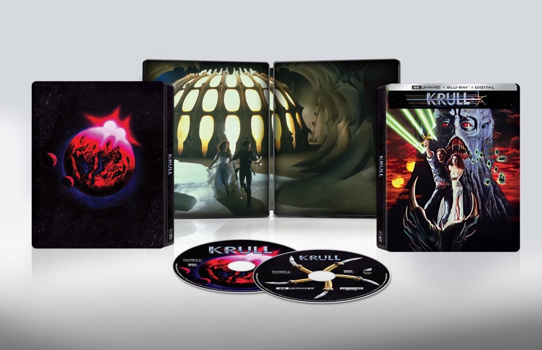 Krull Blu-ray collector’s edition set displayed with case, open steelbook with artwork, and two discs on a white background.