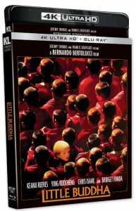 4K UHD Blu-ray case for "Little Buddha," featuring an overhead view of several monks in red robes, with film credits and title displayed on the cover.