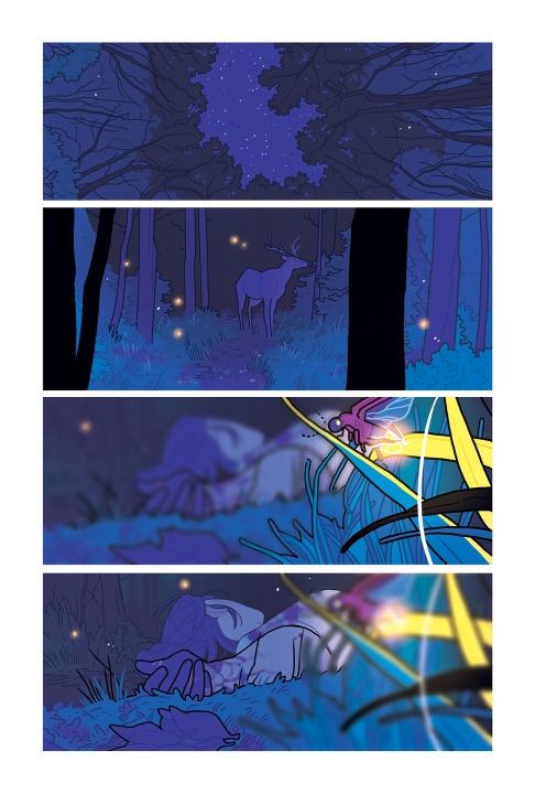 A five-panel comic shows a starry night sky above a forest, a deer standing among trees, and a person sleeping on the ground surrounded by glowing fireflies.