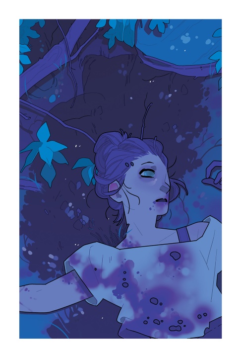 Illustration of a person with closed eyes lying on the ground under a tree, illuminated in blue and purple tones, with stains on their shirt and visible bruises on their face.