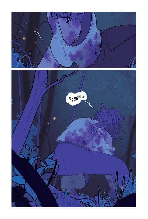 A person with messy hair and a stained cloak struggles to crawl through a dark, forested area at night, saying "uggghh.