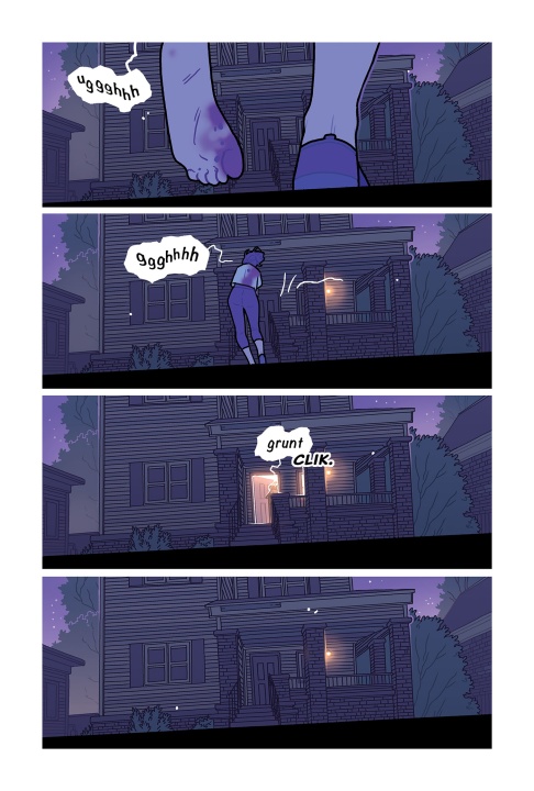 A person with an injured foot limps toward a house at night, enters the porch, opens the door, and goes inside as lights turn on.