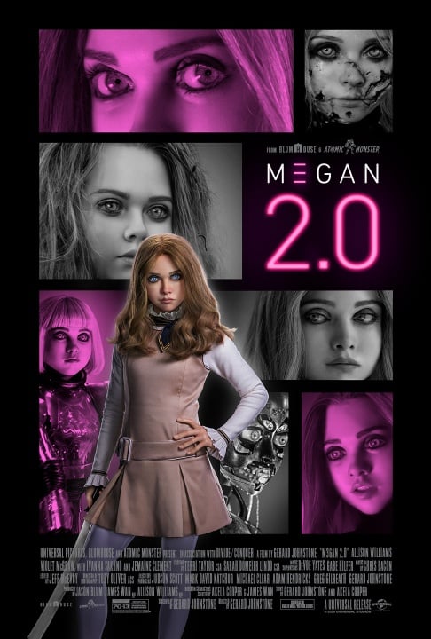 Movie poster for "M3GAN 2.0" featuring a life-like doll in a dress, surrounded by black-and-white and pink-tinted close-ups of the same doll's face.