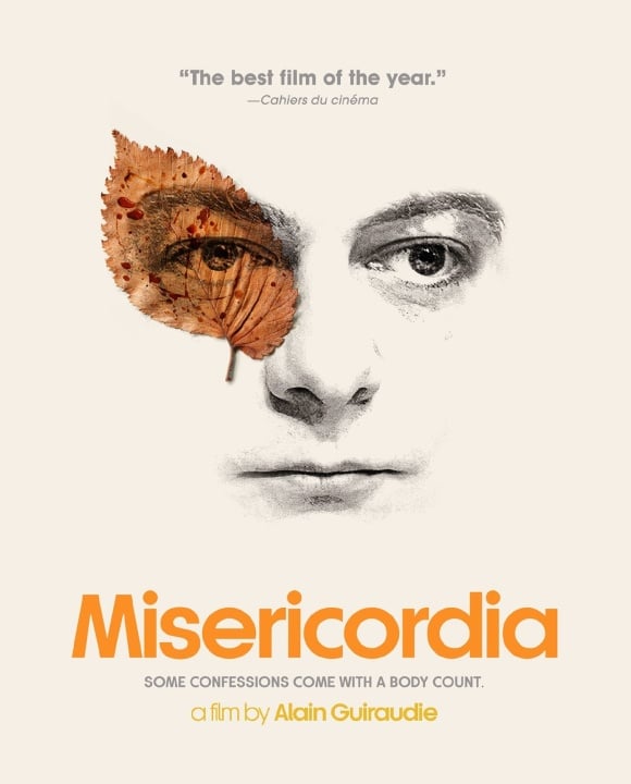 A movie poster for "Misericordia" featuring a man's face overlaid with a brown leaf, and the text "Some confessions come with a body count.
