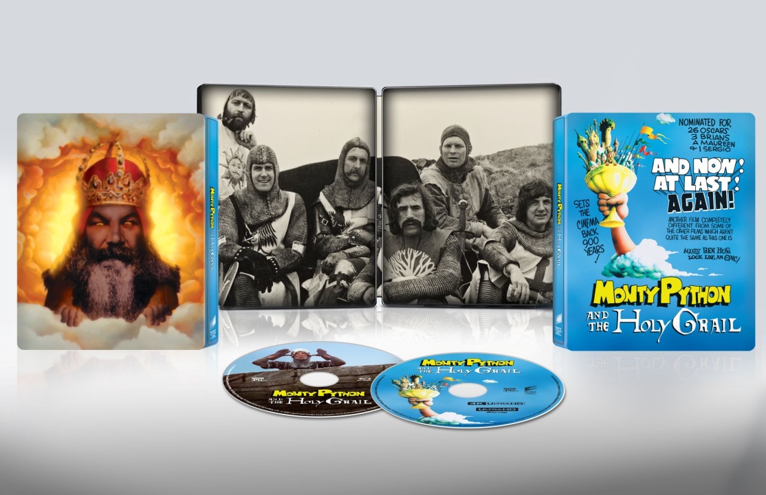 A Mighty Python and the Holy Grail collector’s set with illustrated box, two discs, an open case showing cast photo, and a promotional card.