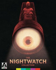 A stylized cover showing a large lens with an eye, topped by a shrouded figure, with text reading “The Nightwatch Collection” and the Arrow Video logo at the bottom left.