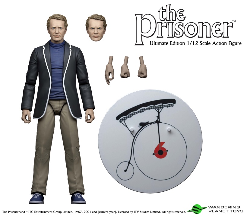 Action figure set featuring a man in a dark jacket with white trim, interchangeable hands and heads, and a round accessory with a large number 6 and a bicycle illustration.