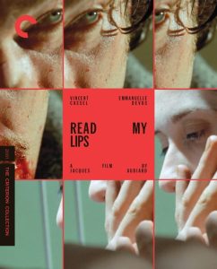 Criterion Collection cover for the film "Read My Lips," featuring close-up images of a man's bruised face and a woman touching her nose, overlaid with red gridlines and film credits.