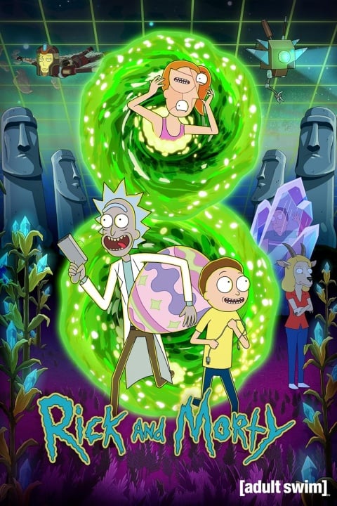 Animated poster for "Rick and Morty" featuring Rick, Morty, and Summer emerging from a green portal with a futuristic and alien landscape in the background.