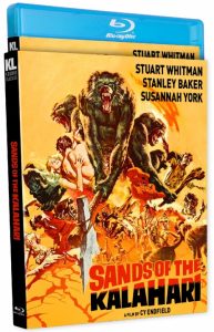 Blu-ray case for the film "Sands of the Kalahari" featuring illustrated menacing baboons and people fighting on a desert landscape.