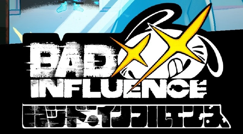A stylized graphic with the words "BAD INFLUENCE" and Japanese lettering, featuring a cartoon face with yellow X-shaped eyes behind the text.
