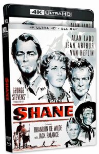 4K Ultra HD Blu-ray cover for the film "Shane," featuring illustrated portraits of the main cast and film credits in black, red, and white.