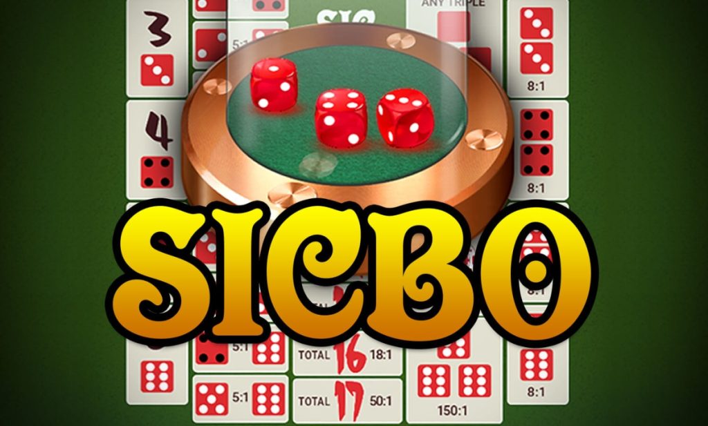 Three red dice on a green table surrounded by a betting layout, with large yellow text reading "SICBO" in the foreground.