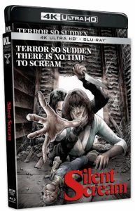 The cover of the "Silent Scream" 4K Ultra HD Blu-ray shows a woman screaming and reaching out, while another woman behind her holds a knife in an attic setting.