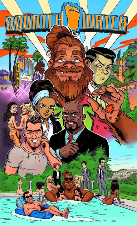 Cartoon poster for "Squatch Watch" shows a group of animated characters, including a large Sasquatch, around a pool and Hollywood backdrop with palm trees and hotel signs.