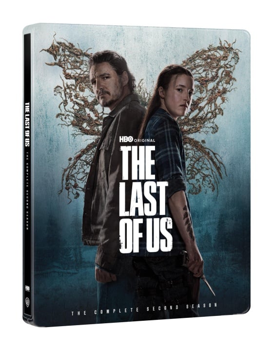 Steelbook cover for HBO’s "The Last of Us: The Complete Second Season," featuring two characters standing back to back with a fungal growth pattern in the background.
