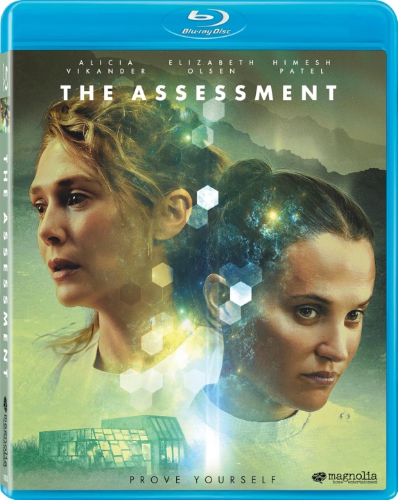 Blu-ray cover of "The Assessment" featuring close-up images of two women with a hexagonal pattern overlay and a building in the background. Text includes cast names and the tagline "Prove Yourself.