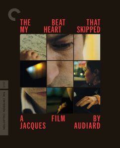 Film cover for "The Beat That My Heart Skipped," featuring a nine-panel collage of close-up photos, red text, and the Criterion Collection label on the side.