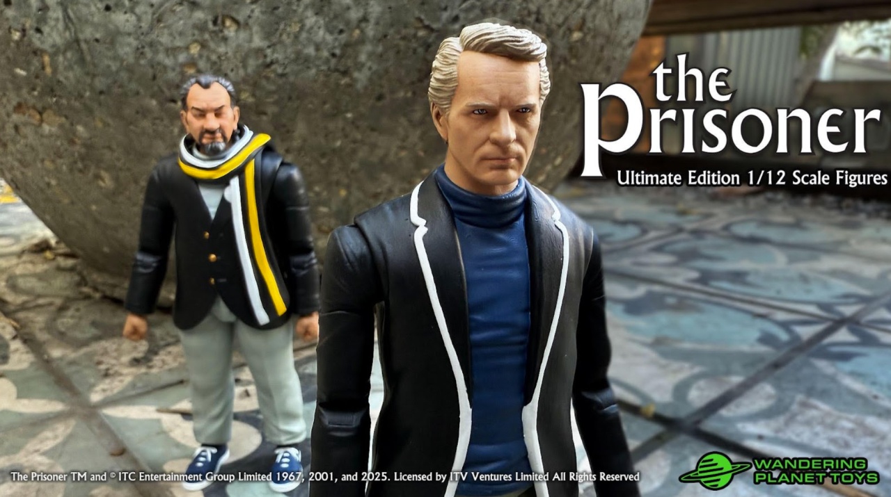 Two detailed action figures stand outdoors; one wears a dark jacket with white trim, the other has a scarf and beard. Text reads 