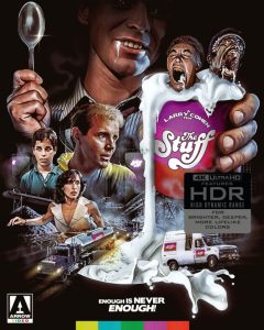 Collage-style movie poster for "The Stuff," featuring a melting dessert, people in distress, trucks, and a large spoon, with the tagline, “Enough is never enough!” at the bottom.