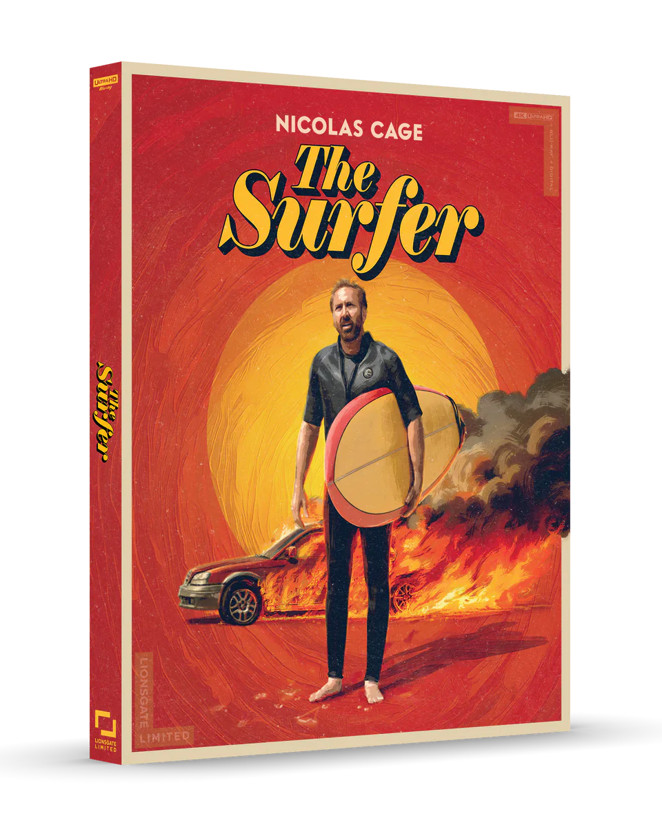 A movie cover shows a man holding a broken surfboard, standing in front of a burning car, with a large sun in the background. The title reads "The Surfer" starring Nicolas Cage.