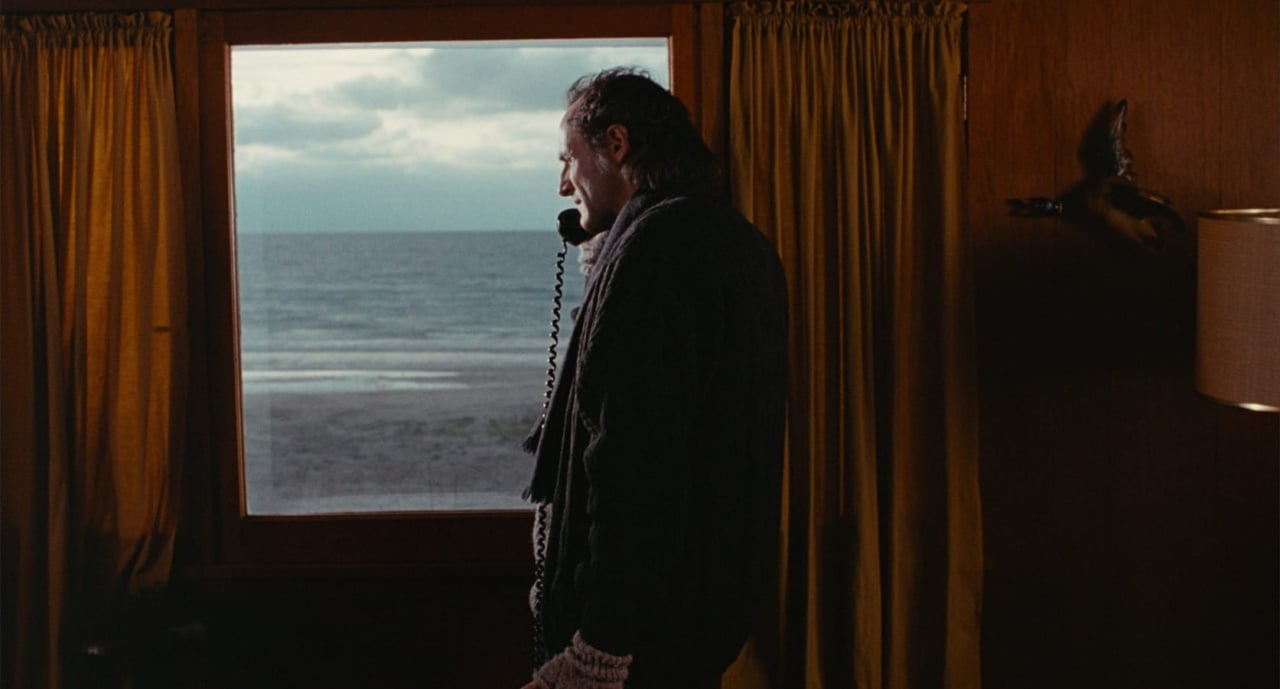 A person stands indoors by a window with yellow curtains, speaking on a corded phone, looking out at a cloudy sky and beach outside.