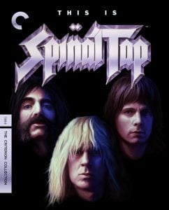 Three men with long hair are shown under dramatic lighting with the text "This Is Spinal Tap" above them; Criterion Collection branding appears on the side.